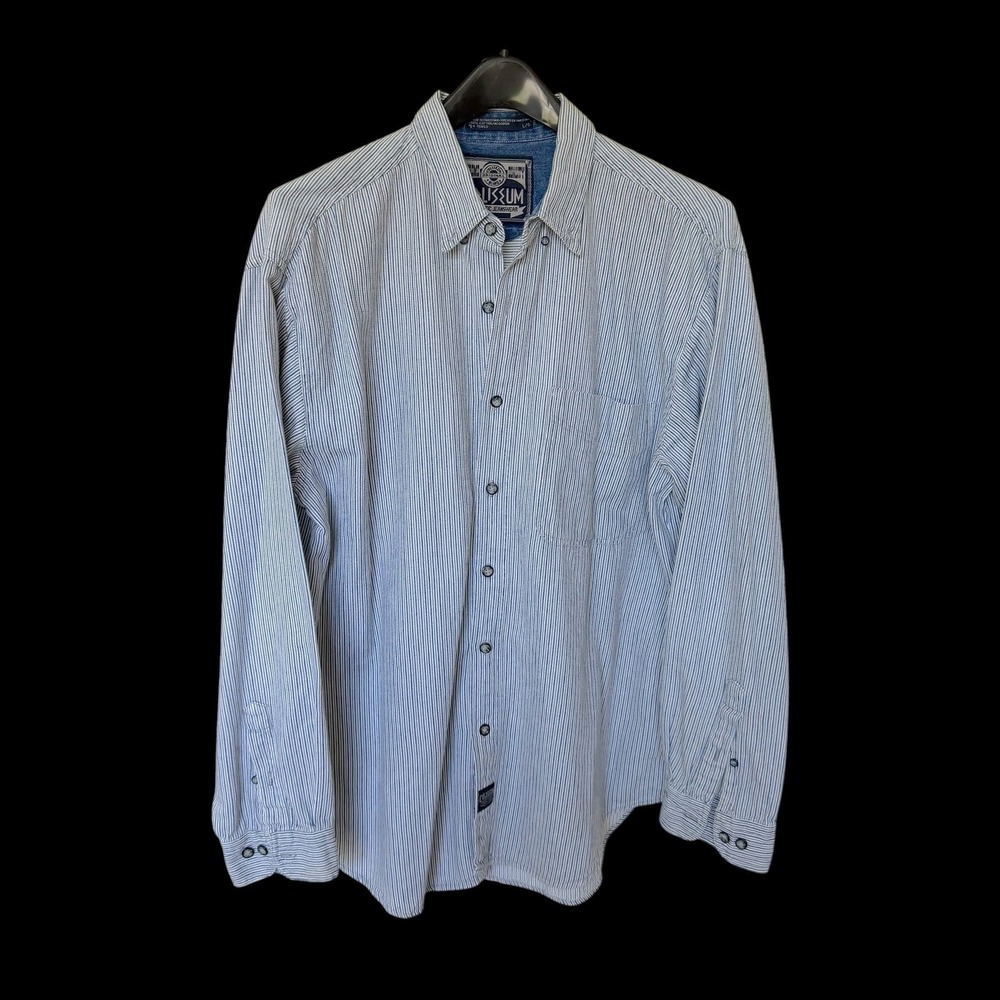 90's Coliseum Authentic Jeanswear Blue White Striped‎ Cotton Button Down Shirt L
